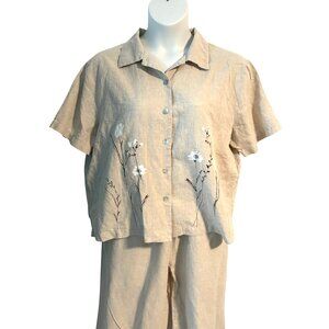 Jessica Holbrook Beige Floral Linen Two Piece Set Button Up Top Wide Leg Pants